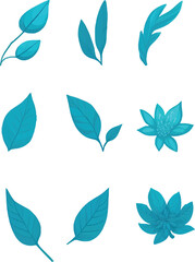 Blue Flower And leaf Set, Vector Watercolor Flower Design Set