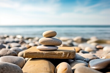 Fototapeta na wymiar Inner peace and balance pile of pebbles on the wooden bridge on the beach summer vacation on the spa resort life and harmony concept