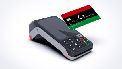 Libya country national flag on credit bank card with POS point of sale terminal payment isolated on white background with empty space 3d rendering image realistic mockup