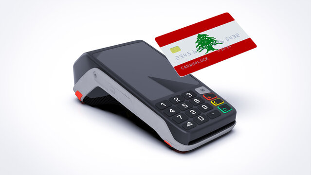 Lebanon country national flag on credit bank card with POS point of sale terminal payment isolated on white background with empty space 3d rendering image realistic mockup