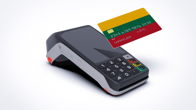 Lithuania country national flag on credit bank card with POS point of sale terminal payment isolated on white background with empty space 3d rendering image realistic mockup