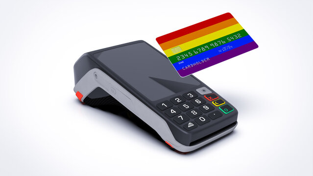 LGBTQ country national flag on credit bank card with POS point of sale terminal payment isolated on white background with empty space 3d rendering image realistic mockup