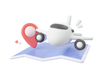 3d cartoon design illustration of Airplane with pins on map.