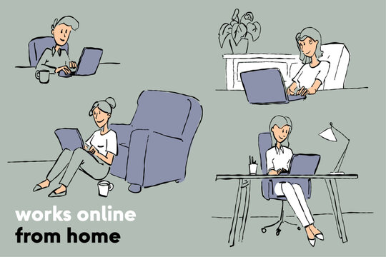 Works online, works from home, home office, sketch, vector graphics