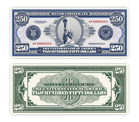 Vector blue banknote obverse and green reverse silver certificate of 250 US dollars. Oval, liberty and guilloche frame. American paper fictional money.