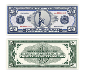 Fototapeta premium Vector blue banknote obverse and green reverse silver certificate of 250 US dollars. Oval, liberty and guilloche frame. American paper fictional money.