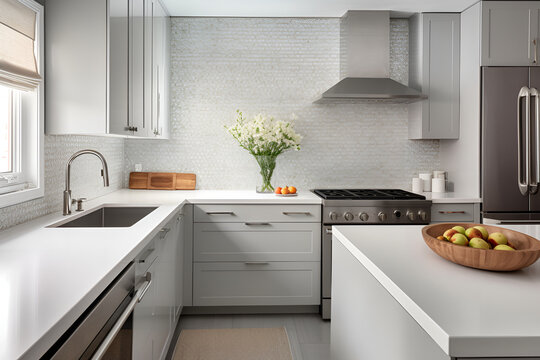Light minimalist kitchen white mosaic walls. Generated AI