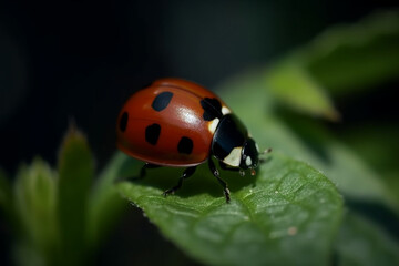 Ladybug on green leaf in garden, View with copy space