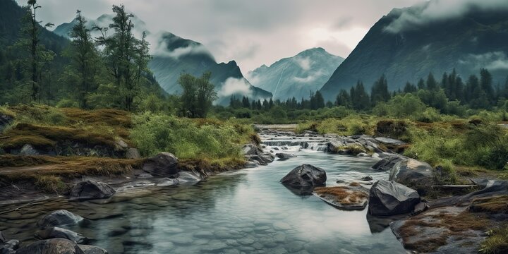 AI Generated. AI Generative. Photo illustration of wild nature outdoor mountain waterfall landscape on rain green day. Graphic Art