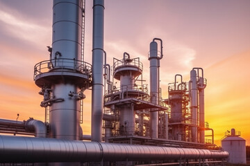 Fototapeta na wymiar Large industrial gas pipelines in a modern refinery at sunrise
