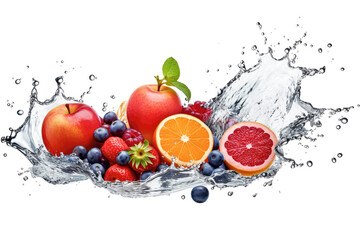 Wasser Splash mit frischen Äpfeln, Orangen, Erdbeeren, Blaubeeren und Himbeeren isoliert vor weißem Hintergrund. Generative AI - 610607149