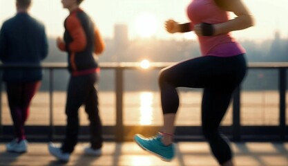 a young fitness couple running at sunrise seaside. woman and man jogging ai generated