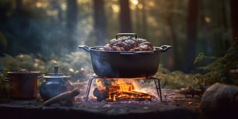 AI Generated. AI Generative. Camping rest food dinnet cook in the green forest. Adventure wild bushcraft explore vibe. Graphic Art