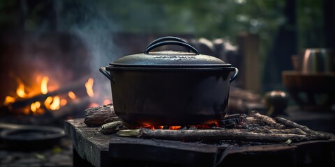 AI Generated. AI Generative. Camping rest food dinnet cook in the green forest. Adventure wild bushcraft explore vibe. Graphic Art