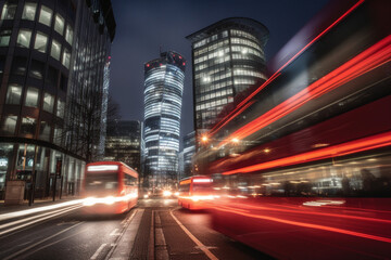 London red buses zooming through City skyscrapers night street motion blur