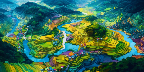 Terraced rice field, fictional landscape made with generative ai