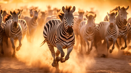 Fototapeta na wymiar A group of zebras gallops across the African landscape, Generative AI