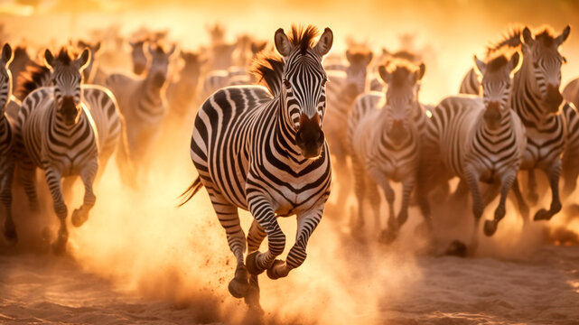 A group of zebras gallops across the African landscape, Generative AI
