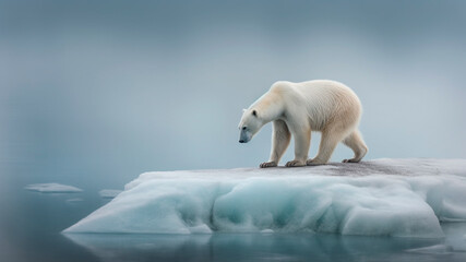 Obraz na płótnie Canvas Solitary polar bear occupies a small patch of ice. Global warming. Generative AI