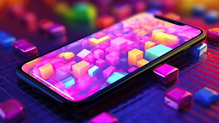 Smartphone mobile screen, neon technology mobile display colorful. Vibrant smartphone wallpaper.