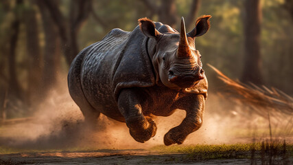 An enraged Indian rhinoceros storms in a display of dominance. Generative AI