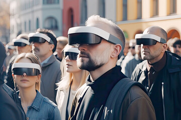 People walking with virtual reality glasses on the street. Crowd of citizens making normal life wearing VR headset in the city. Modern technologies and futuristic life concepts. Generative AI.
