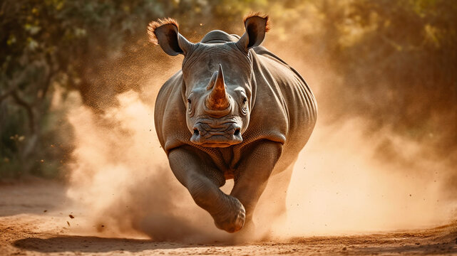 African rhinoceros charges with its horn at African savannah. Generative AI