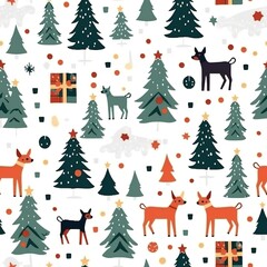 Naklejka premium Seamless pattern with tree gift boxes and reindeer. illustration art, created by generative AI
