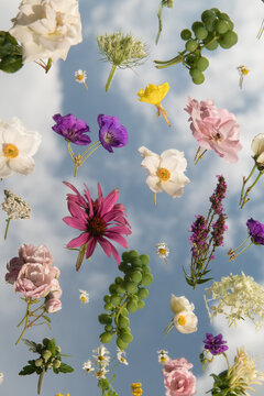 colorful abstract floating flowers in the sky on mirror