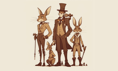 Hare family, steampunk style. Generative AI