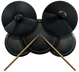 Top view of a black electronic drum kit with cymbals and drums and a pair of wooden drumsticks,...