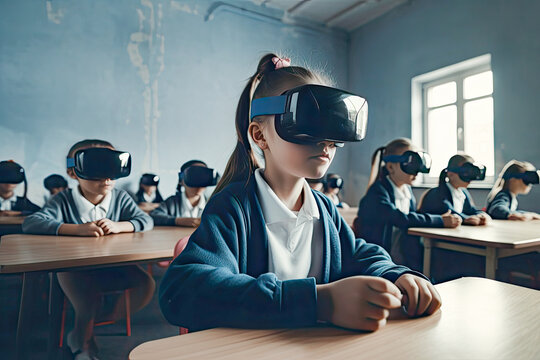 School kids group wearing virtual reality glasses in classroom. .Elementary school age children sitting with VR modern technologies during lesson. Concept of futuristic education. Generative AI.