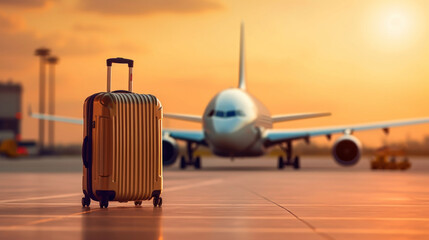 A suitcase on a runway with blurred airplane in the blur background.