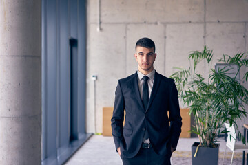 The confident businessman in a sleek suit strikes a pose, exuding charisma and professionalism,...