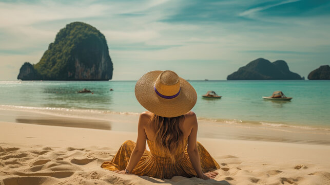 A young woman in a straw hat sits on the beach.