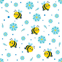 Fototapeta na wymiar Vector seamless pattern with cute bees and blue flowers on a white background. The season is Summer Spring. Ideal for textiles, fabrics, wrapping paper, wallpaper, website design and social media