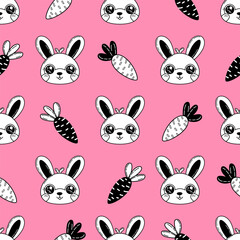 cute seamless pattern black and white doodle bunny and carrot on bright pink background