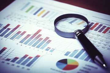Magnifier and pen on charts graphs paper, Financial development