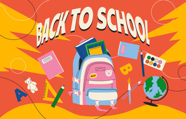 Back to school banner concept. Briefcase with books and globe. Education and training, learning. September 1 and international holiday, knowledge day. Cartoon flat vector illustration
