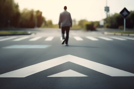 Make decision which way to go, Walking on directional sign on asphalt road rear view