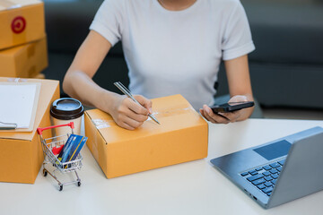 online business owner Asian woman is using smart phone and laptop working with boxes at her home. Close-up shot.