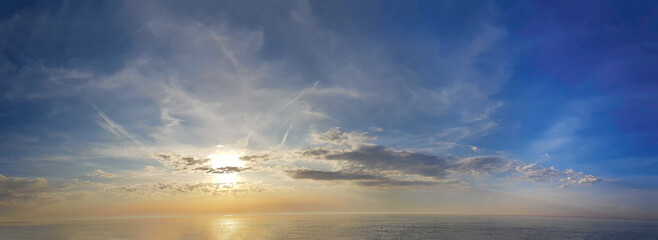 Sky, sun and cloud panoramic background. Sunset horizon landscape