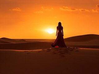 Fototapeta na wymiar Woman in the desert with sunset view