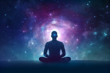 Man and soul, Yoga lotus pose meditation on nebula galaxy background, Zen spiritual well-being