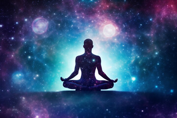 Fototapeta na wymiar Man and soul, Yoga lotus pose meditation on nebula galaxy background, Zen spiritual well-being