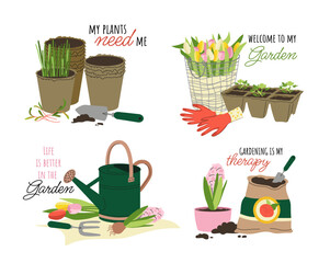 Set of posters with gardening concept. Plant pots, rakes and shovel with gloves. Flowers and plants. Botany and floristry. Cartoon flat vector collection isolated on white background