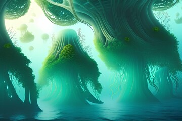Another worldscape where land and sea are intertwined Soaring tree resembling giant jellyfish - generative ai