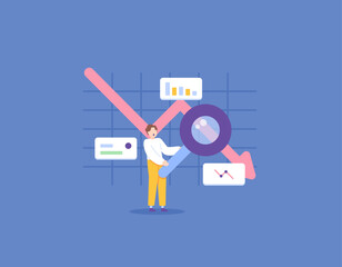 data analysts. Analysis of the factors causing the decline in revenue or profit. A businessman uses a magnifying glass to find the cause of failure in business. illustration concept design. vector 