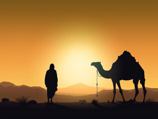 Silhouette of man and his camel on sand desert