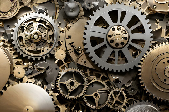 Machinery In Action: Metal Gears and cogs in the clockwork mechanical mechanism inside machines Generated Ai